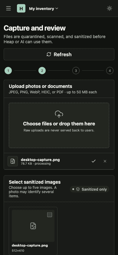 Heap mobile AI review screen in dark mode with editable item suggestions.