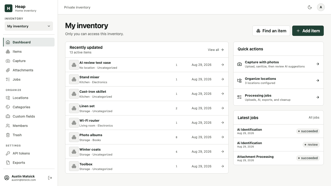Heap dashboard showing a household inventory summary and recently added items.