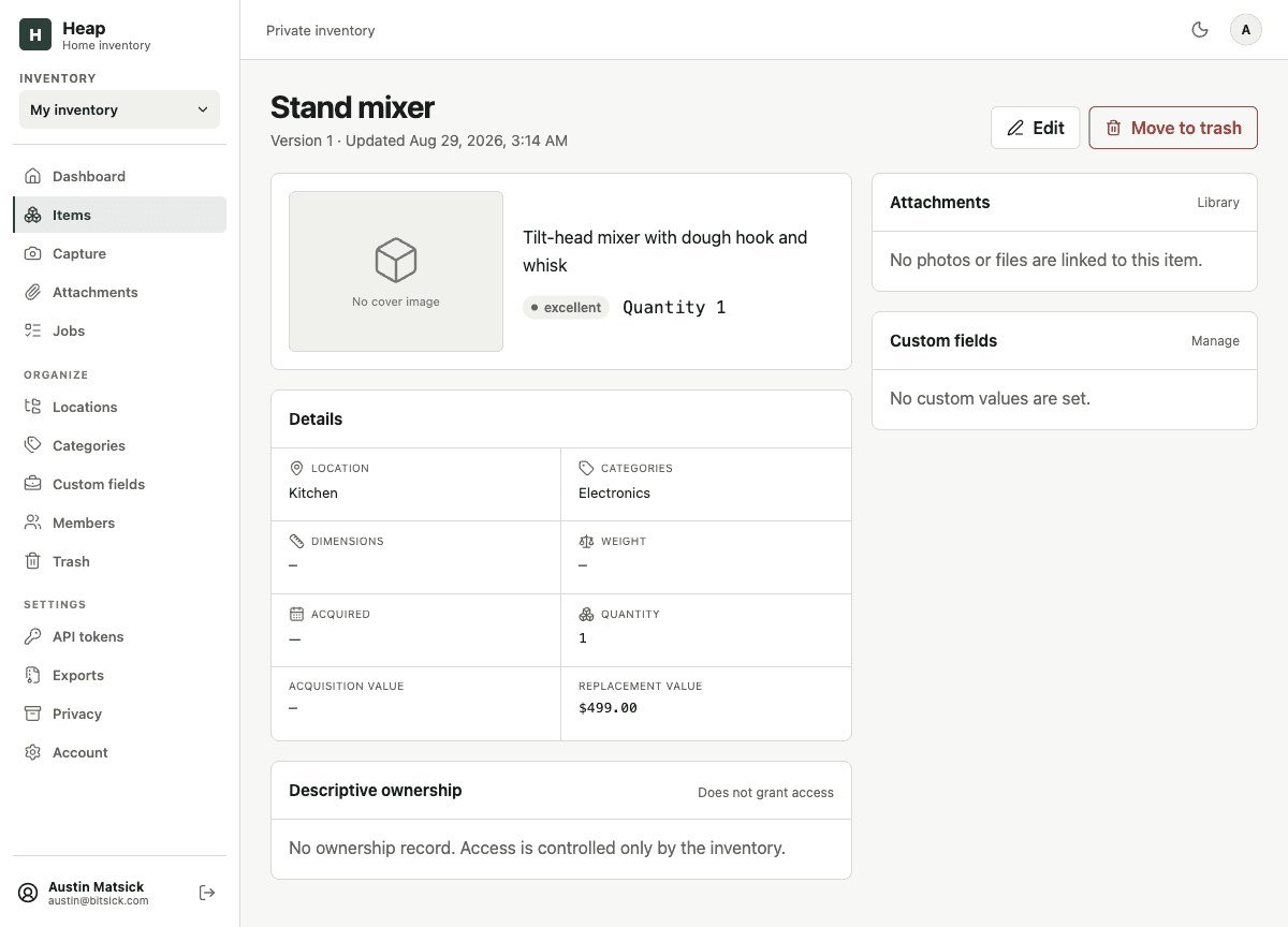 Heap item detail page for a stand mixer with categories, condition, ownership, and custom fields.