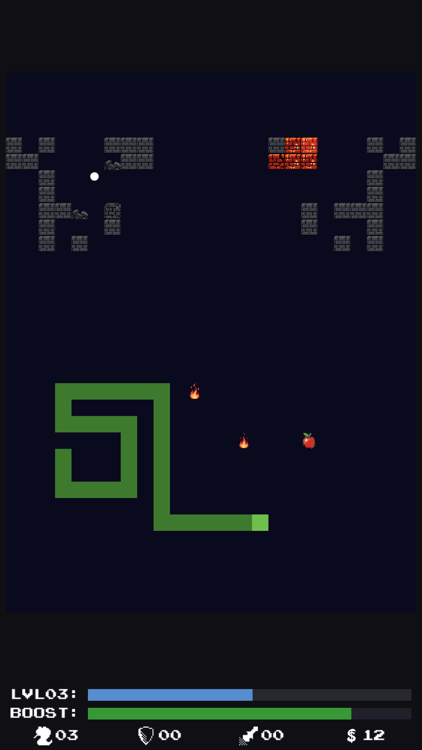 Paddlesnake gameplay screenshot showing a snake bouncing a ball into brick clusters.
