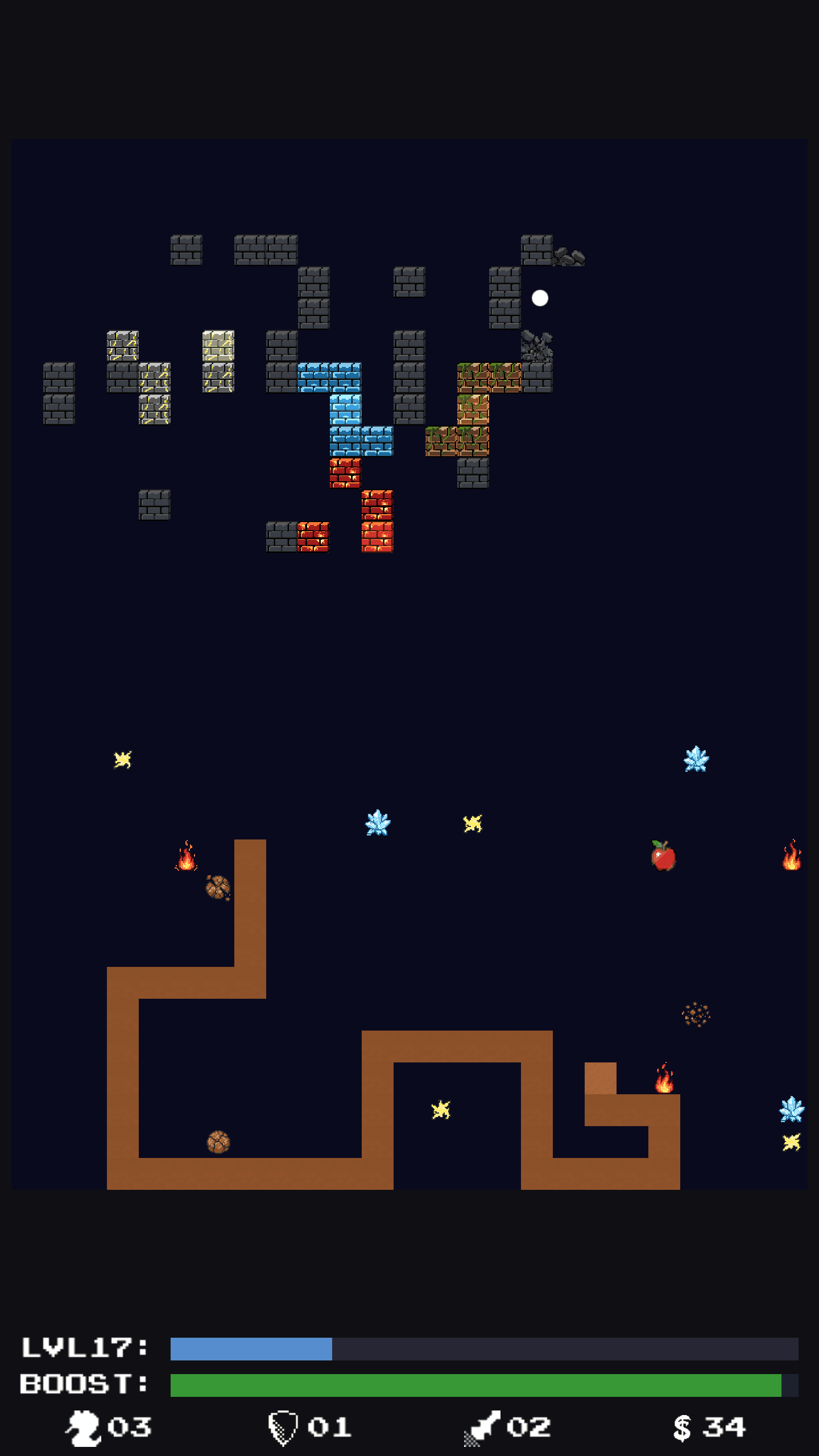 A screenshot of Paddlesnake gameplay showing a snake avoiding hazards while bouncing a ball into brick clusters.
