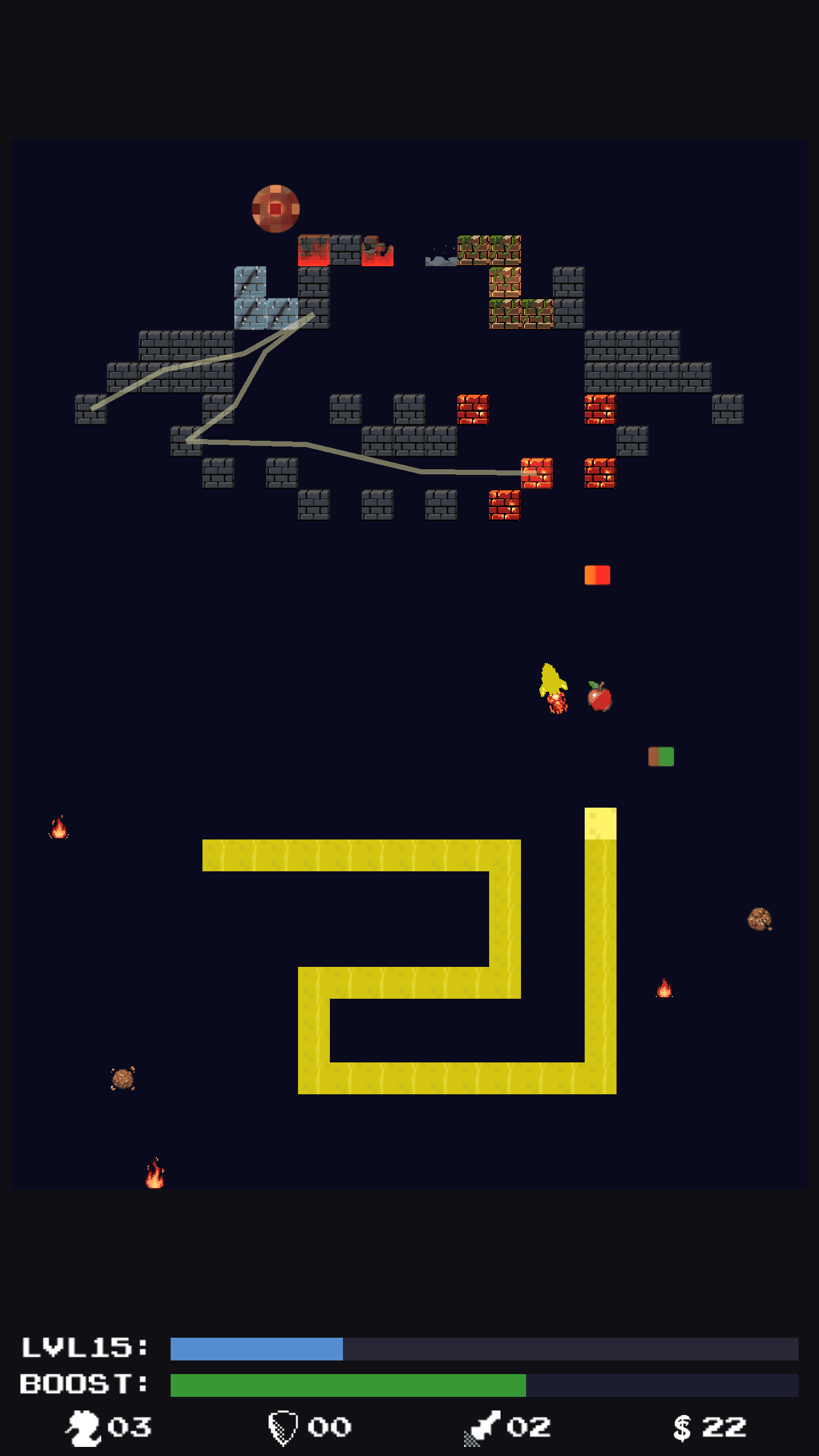 A screenshot of Paddlesnake gameplay showing a snake using power-ups and elements to destroy brick clusters.