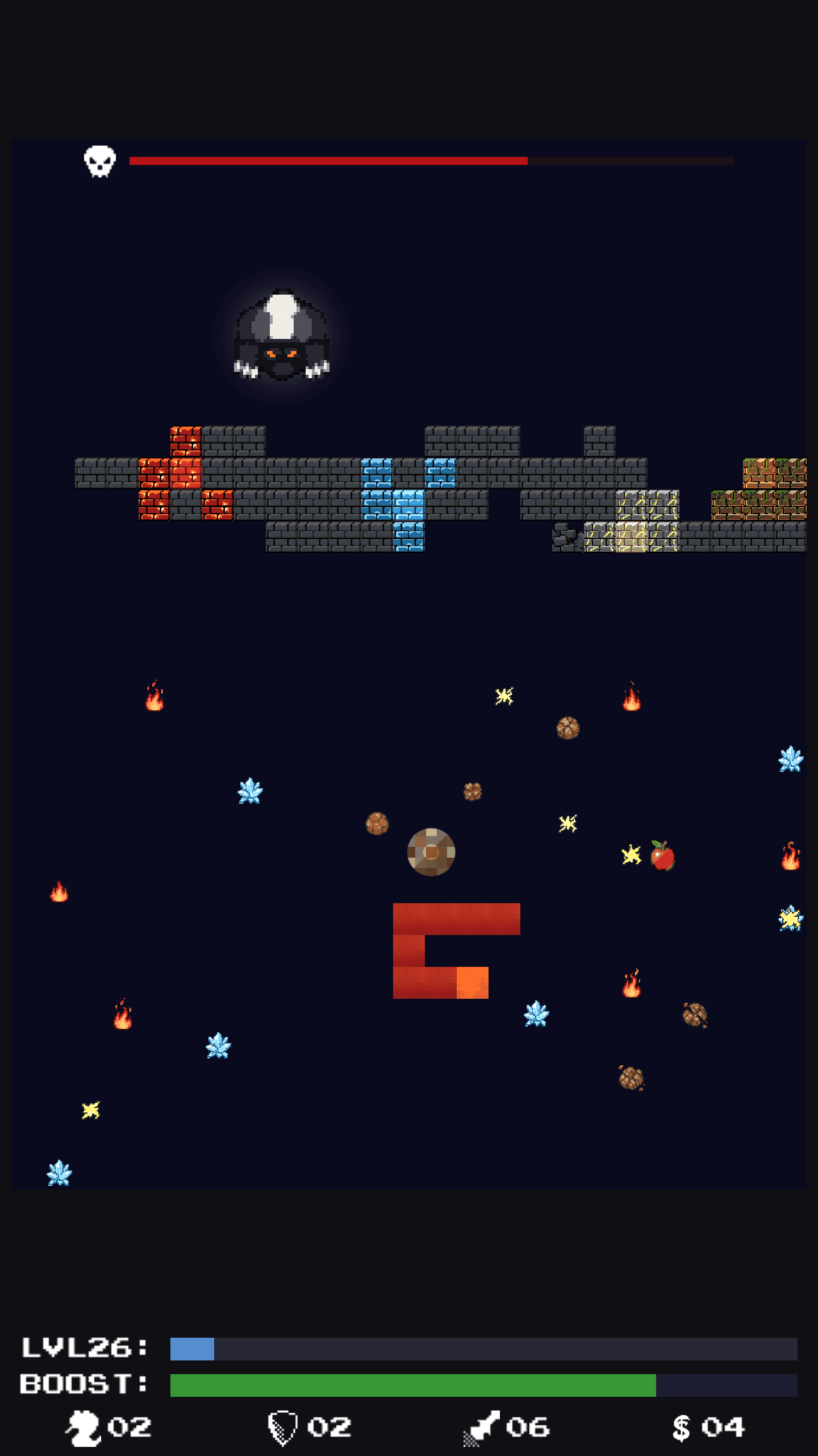 A screenshot of Paddlesnake gameplay showing a snake bouncing a ball into a boss creature.