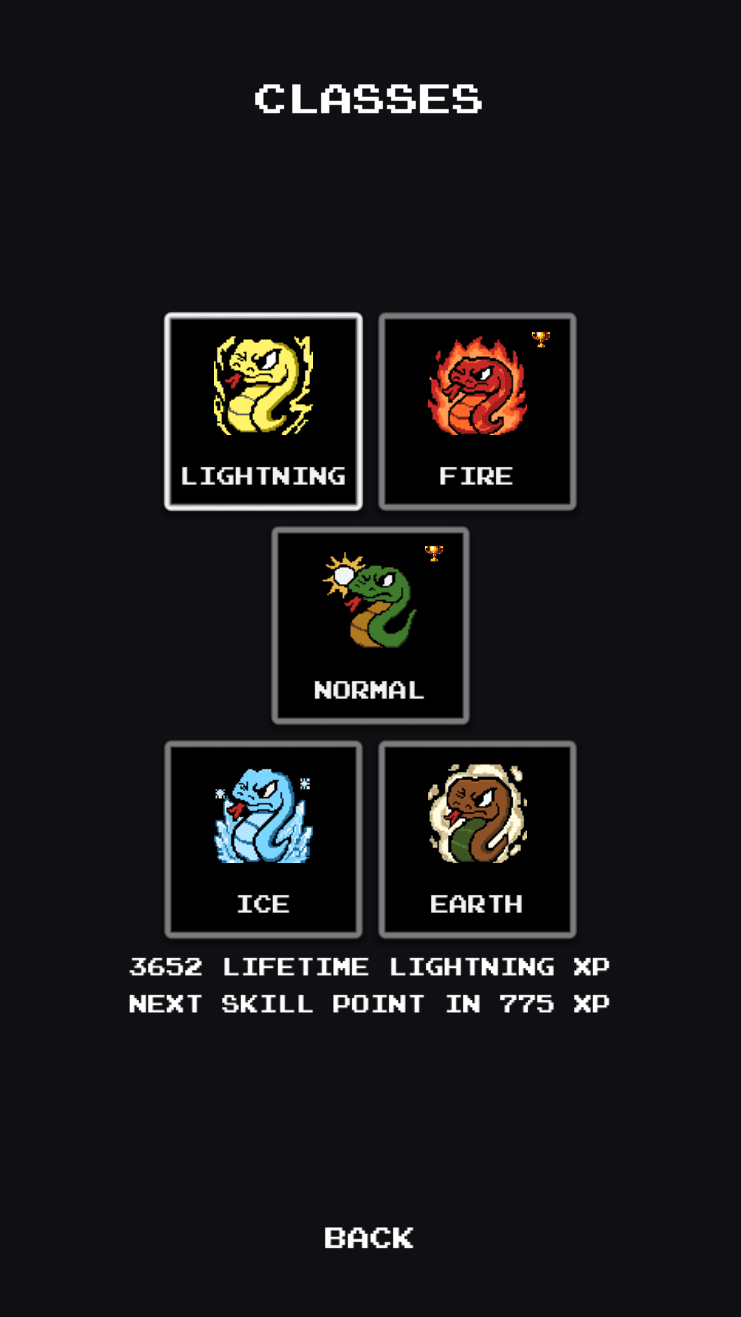 A screenshot of the Paddlesnake class selection screen showing five classes: lightning, fire, normal, ice, and earth.