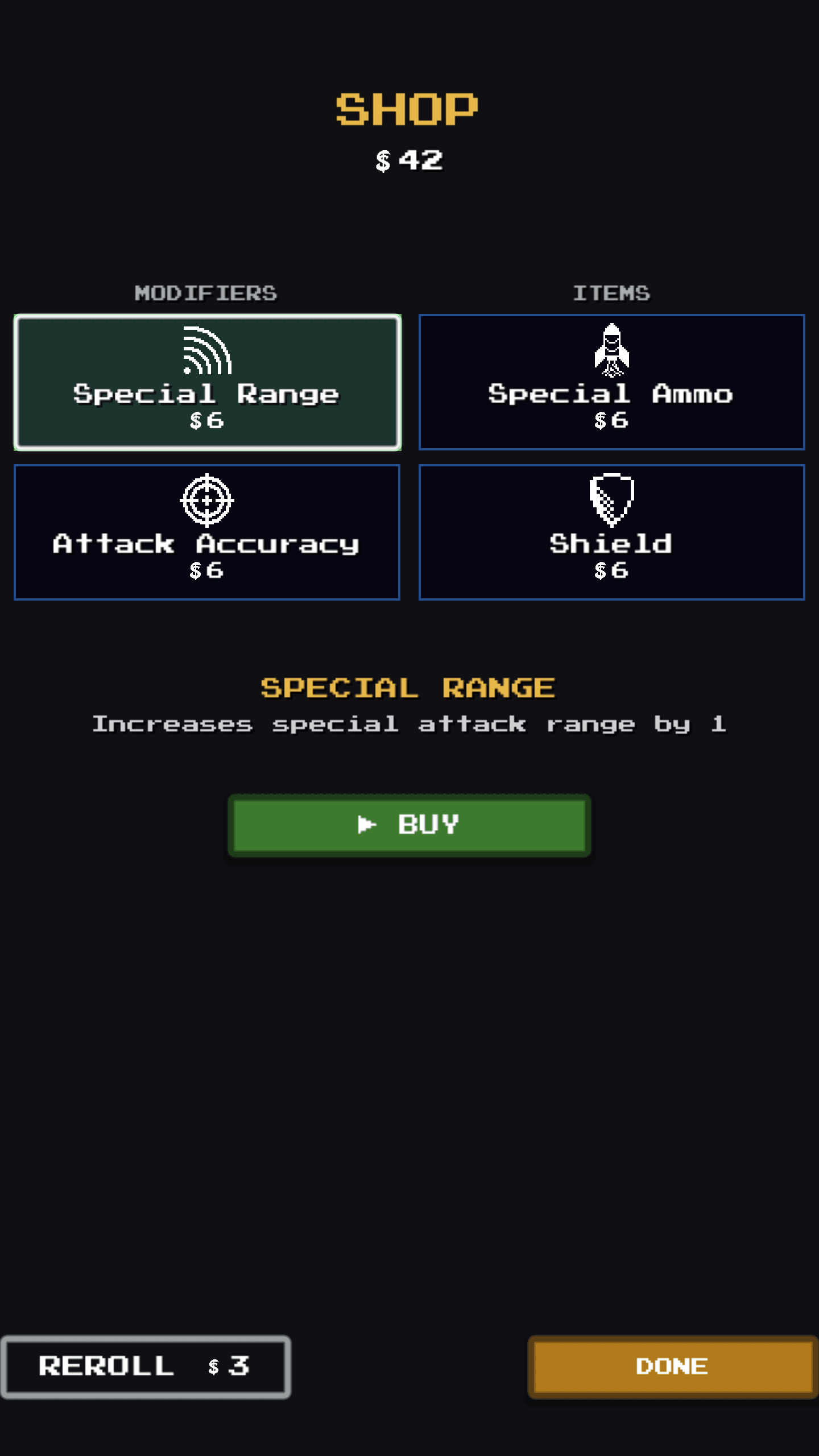 A screenshot of the Paddlesnake shop screen showing modifiers and items such as special range, special ammo, attack accuracy, and shield.